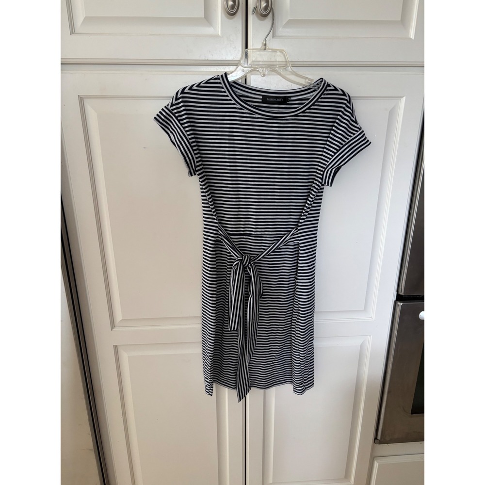 Merokeety Womens Striped Tie Waist Short Sleeve T-Shirt Dress Navy White Medium